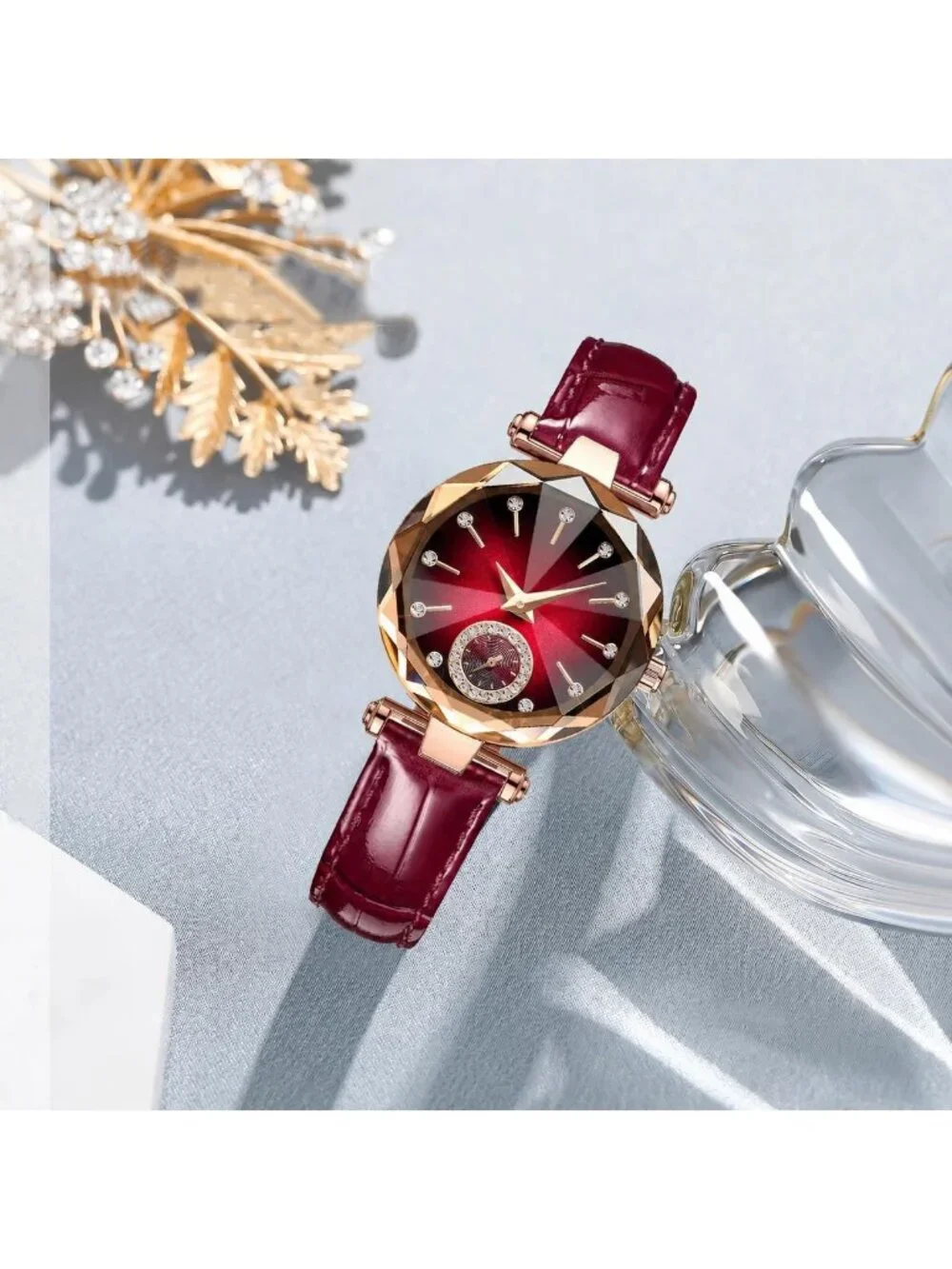 Women's Red Crystal Accents Dainty Dress Leather Strap Fashion Quartz WristWatch